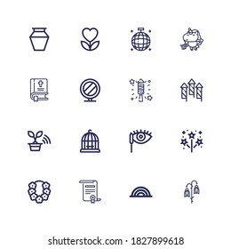 Editable 16 decorative icons for web and mobile. Set of decorative included icons line Flower, Rainbow, Certificate, Firework, Mascara, Bird cage, Tree, Fireworks on white background