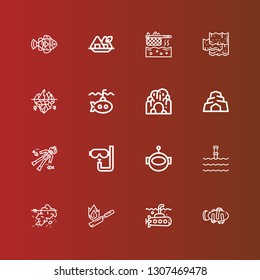 Editable 16 deep icons for web and mobile. Set of deep included icons line Clown fish, Submarine, Flambe, Iceberg, Underwater, Aqualung, Dive, Scuba diving, Cave, Seaweed on red