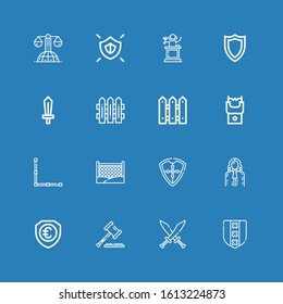 Editable 16 defense icons for web and mobile. Set of defense included icons line Shield, Swords, Law, Judge, Fence, Stun gun, Fences, Sword on blue background