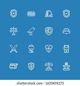 Editable 16 defense icons for web and mobile. Set of defense included icons line Force, Law, Shield, Cannon, Stun gun, Military, Swords, Justice, Tank, Fence on blue background