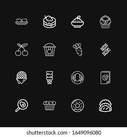 Editable 16 delicious icons for web and mobile. Set of delicious included icons line Taco, Donut, Muffin, Fried egg, Cookie, Peking duck, Ice cream, Stroopwafel on black background
