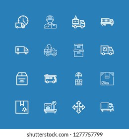 Editable 16 deliver icons for web and mobile. Set of deliver included icons line Truck, Move, Box, Van, Delivery truck, Storage box, Delivery man on blue background