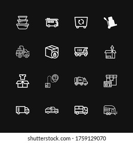 Editable 16 delivering icons for web and mobile. Set of delivering included icons line Trailer, Truck, Pick up, Package, Logistic, Container, Van on black background