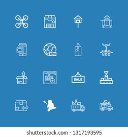 Editable 16 delivery icons for web and mobile. Set of delivery included icons line Ice cream truck, Delivery, Logistic, Cardboard, Conveyor, Sale, Online shop on blue background