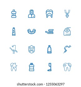 Editable 16 dentist icons for web and mobile. Set of dentist included icons line Tooth, Prothesis, Mouthwash, Brace, Tooth paste, Dental, Dentist chair, Dental floss on white background