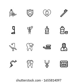 Editable 16 dentist icons for web and mobile. Set of dentist included icons line Denture, Tooth pliers, Tooth, Brace, Dentist, Toothbrush, chair, Mouthwash on white background