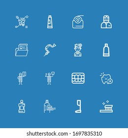 Editable 16 dentist icons for web and mobile. Set of dentist included icons line Toothbrush, Prothesis, Toothpaste, Mouthwash, Tooth, Denture, Dentist, Radiologist on blue background