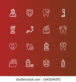 Editable 16 dentistry icons for web and mobile. Set of dentistry included icons line Mouthwash, Dental, Tooth, Dental floss, Brace, Dentist, Prothesis on red