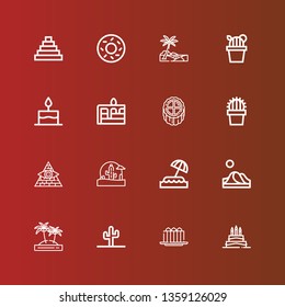Editable 16 desert icons for web and mobile. Set of desert included icons line Birthday cake, Cake, Cactus, Island, Dune, Wild west, Pyramid, Oasis, Bagel on red