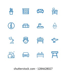 Editable 16 desk icons for web and mobile. Set of desk included icons line Table, Double bed, Sofa, Date, Lamp, Concierge, Desk lamp, Information, Nightstand on white background