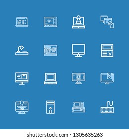Editable 16 desktop icons for web and mobile. Set of desktop included icons line Keyboard, Desk, Computer, Monitor, Laptop, Old computer, Screen, Desk lamp on blue background