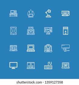 Editable 16 desktop icons for web and mobile. Set of desktop included icons line Laptop, Keyboard, Computer, Monitor, Tablet, Desk lamp, Desk on blue background