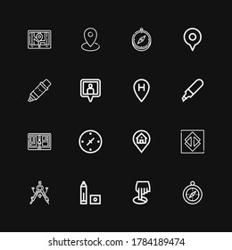 Editable 16 destination icons for web and mobile. Set of destination included icons line Compass, Position, Marker, Sao paulo, Location, Cardinal points, Gps on black background