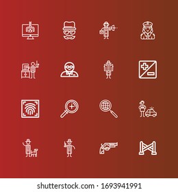 Editable 16 detective icons for web and mobile. Set of detective included icons line Police line, Revolver, Detective, Magnifier, Zoom, Fingerprint scan, Bodyguard, Police on red
