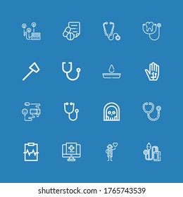 Editable 16 diagnosis icons for web and mobile. Set of diagnosis included icons line Pressure, Cardiologist, Medical record, Cardiogram, Stethoscope, Death on blue background