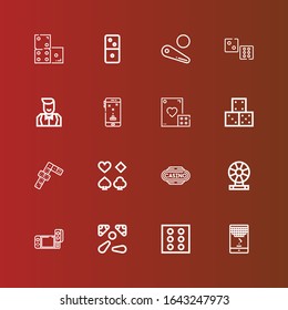 Editable 16 dice icons for web and mobile. Set of dice included icons line Game, Dice, Pinball, Roulette, Casino, Poker, Dominoes, Croupier, Domino on red