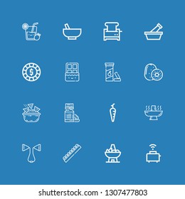 Editable 16 diet icons for web and mobile. Set of diet included icons line Toaster, Bowl, Chocolate, Chest expander, Hot pot, Carrot, Vitamin, Nachos, Kiwi on blue background