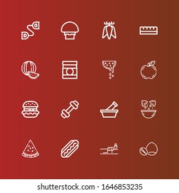 Editable 16 diet icons for web and mobile. Set of diet included icons line Nuts, Fitness, Hot dog, Watermelon, Lemon, Mortar, Weight, Hamburguer, Apple, Baby food, Chocolate bar on red