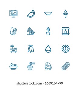 Editable 16 iconos dietéticos para web y móvil. Conjunto de dieta incluye la línea de iconos Hot dog, Fitness, Noodles, Ensalada, Chip, Castaño, Tuber, Bueno, Pot, Carambola, Coconut sobre fondo blanco