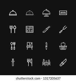 Editable 16 Dining Icons For Web And Mobile. Set Of Dining Included Icons Line Knife, Dinner, Restaurant, Lunch, Night Stand, Cutlery, Fork, Menu, Tv Table On Black Background