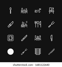 Editable 16 íconos de comedor para web y móvil. Conjunto de restaurantes incluidos línea de iconos Knife, Platos, Fork, Cubertería, Almuerzo, Restaurante, Terraza, Puesto nocturno, Dormitorio sobre fondo negro