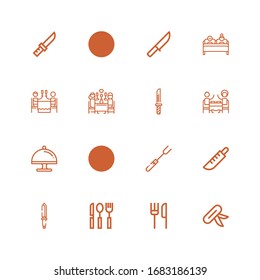 Editable 16 dining icons for web and mobile. Set of dining included icons line Knife, Restaurant, Cutlery, Fork, Tray, Romantic dinner, Double bed on white background