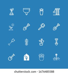 Editable 16 dirt icons for web and mobile. Set of dirt included icons line Plant, Shovel, Grow, Sprout, Scratching, Dustpan on blue background