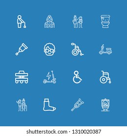 Editable 16 disabled icons for web and mobile. Set of disabled included icons line Wc, Crutch, Broken leg, Elderly, Wheelchair, Handicap, Scooter, Walker, Grandmother on blue background