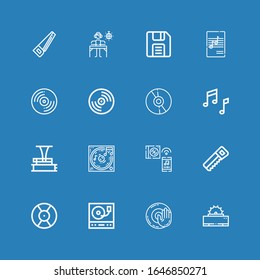 Editable 16 disc icons for web and mobile. Set of disc included icons line Saw, Dj music, Turntable, DJ, Music, Phonograph, Cd, Vinyl, Record, Diskette on blue background