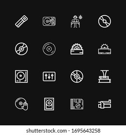 Editable 16 disc icons for web and mobile. Set of disc included icons line Brake, Floppy disk, Hard disk, DJ, Phonograph, Vinyl, Turntable, Saw, Compact disc on black background