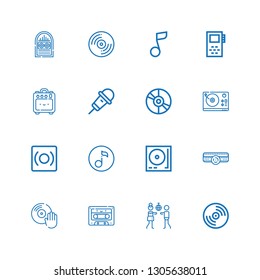 Editable 16 disco icons for web and mobile. Set of disco included icons line Vinyl, Disco, Cassette, Amplifier, Turntable, Quaver, Record, Karaoke, Musical note on white background