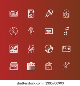 Editable 16 disco icons for web and mobile. Set of disco included icons line Pop singer, Amplifier, Philharmonic, Turntable, Vinyl, Cosplayer, Musical note, Cassette, Karaoke on red