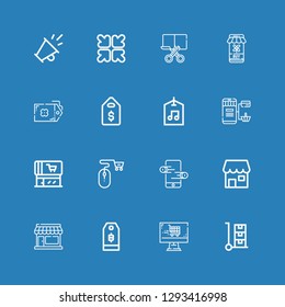 Editable 16 discount icons for web and mobile. Set of discount included icons line Trolley, Online shop, Price tag, Store, Shop, Online store, Supermarket, Online shopping on blue background