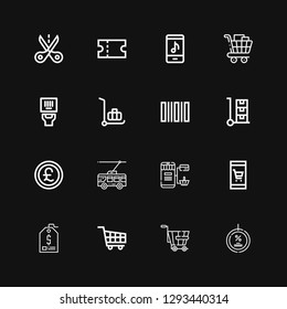 Editable 16 discount icons for web and mobile. Set of discount included icons line Discount, Trolley, Shopping cart, Price tag, Online shop, Online shopping on black background
