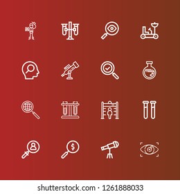 Editable 16 discovery icons for web and mobile. Set of discovery included icons line Vision, Telescope, Search, Test tubes, Metal detector, Magnifier, Flask, Moon rover on red