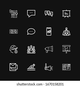 Editable 16 iconos de discusión para web y móvil. Conjunto de discusión incluido iconos línea Perfil, Altavoz, Mensaje, Mensajes, Presentación, Reunión, Empleado en fondo negro