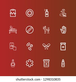 Editable 16 disease icons for web and mobile. Set of disease included icons line Medicine, Syrup, Painkiller, Pill, Drugs, Pharmacy, Radiography, Neglect, Gurney, Cancer on red
