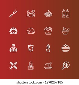 Editable 16 dish icons for web and mobile. Set of dish included icons line Fried egg, Roast chicken, Waitress, Satellite, Salad, Pot, Kebab, Pie, Bowl, Onion rings, Onigiri on red
