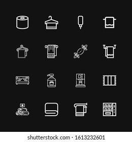 Editable 16 dispenser icons for web and mobile. Set of dispenser included icons line Vending machine, Towel, Towels, Coffee machine, Shampoo, Tissues, Water dispenser on black background
