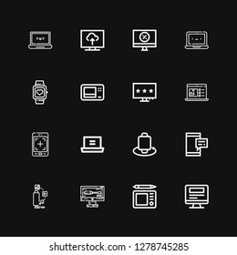 Editable 16 display icons for web and mobile. Set of display included icons line Monitor, Graphic tablet, Tv, Mobile, Smartwatch, Laptop, Tablet, Computer on black background