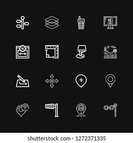 Editable 16 distance icons for web and mobile. Set of distance included icons line Binoculars, Location, Wind sign, Gps, Position, Route, Geology, Angle, Web size on black background