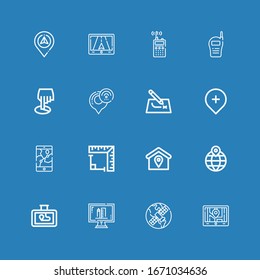 Editable 16 distance icons for web and mobile. Set of distance included icons line Gps, Online education, Location, Angle, Route, Position, Walkie talkie, Navigation on blue background