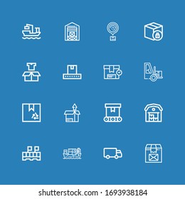 Editable 16 distribution icons for web and mobile. Set of distribution included icons line Package, Shipping, Cargo ship, Warehouse, Conveyor, Box, Forklift on blue background