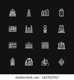 Editable 16 district icons for web and mobile. Set of district included icons line Space needle, Building, Urban, Skyscraper, Cityscape, Democracy monument on black background