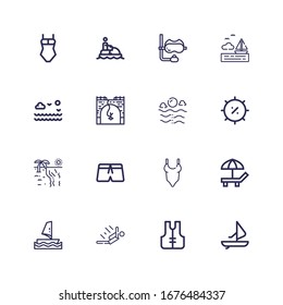 Editable 16 diving icons for web and mobile. Set of diving included icons line Windsurf, Lifejacket, Skydiving, Beach, Swimsuit, Summer, Sea, Bungee jumping on white background