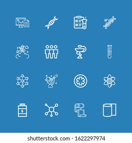 Editable 16 dna icons for web and mobile. Set of dna included icons line Bandages, Bandage, Molecule, Proteins, Atom, Pharmacy, Scientist, Lab, Cloning, Smoke bomb on blue background