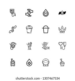 Editable 16 donate icons for web and mobile. Set of donate included icons line Bucket, Donor, Blood, Blood donation, Donation, Blood transfusion, Charity, bag on white background