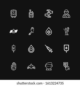 Editable 16 donor icons for web and mobile. Set of donor included icons line Blood bag, Donor, Blood donation, Blood transfusion, on black background