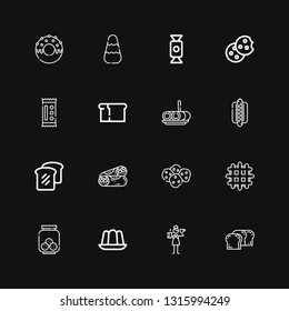 Editable 16 donut icons for web and mobile. Set of donut included icons line Bread, Barista, Jelly, Cookies, Waffle, Burrito, Hotdog, Roll cake, Candy, Cookie on black background