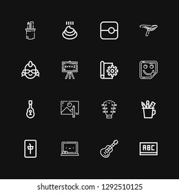 Editable 16 doodle icons for web and mobile. Set of doodle included icons line Blackboard, Guitar, Chalkboard, Mahjong, Pencil case, Drawing, Sticker, Sketch on black background